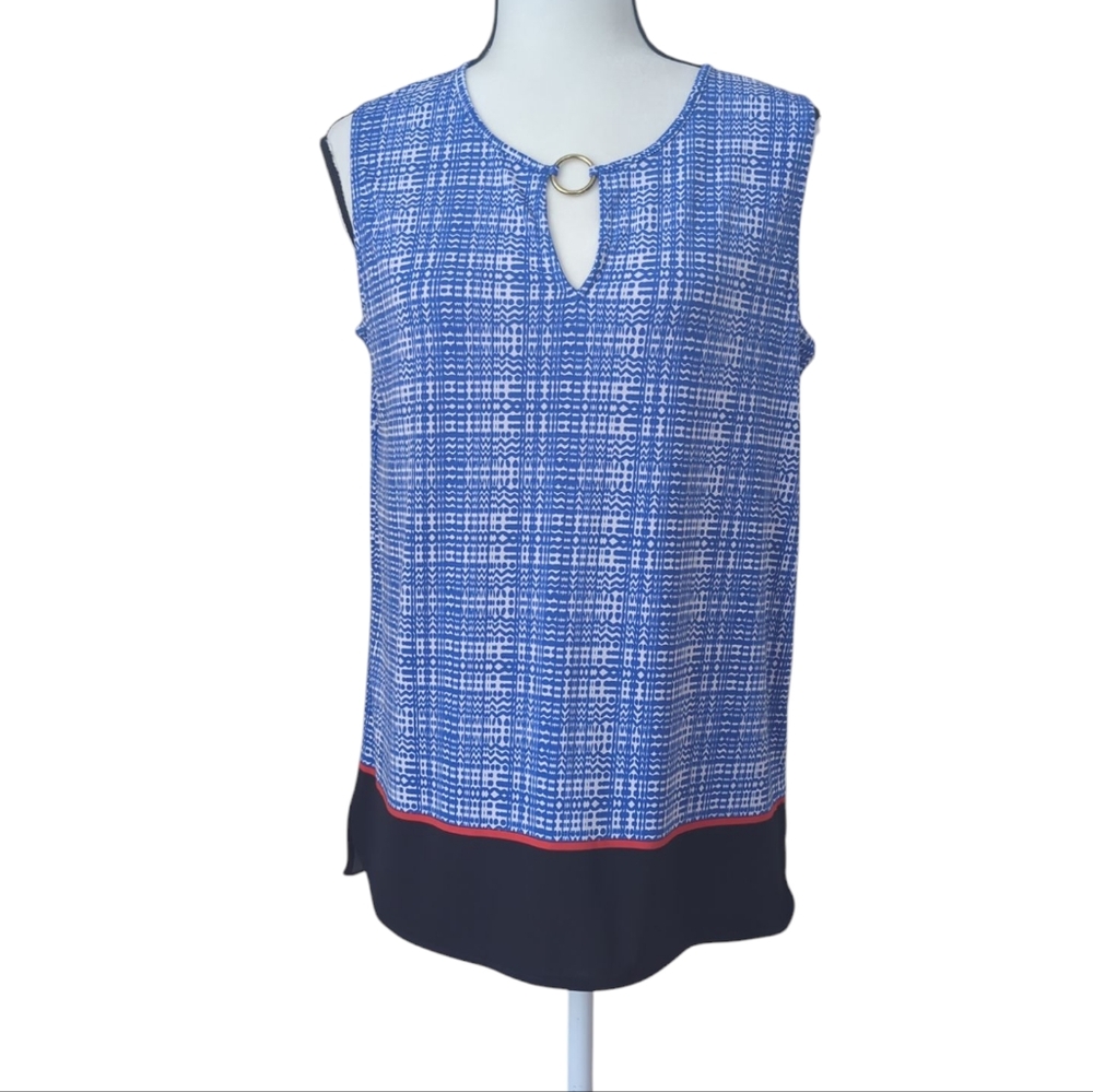 Jones NY Signatue Sleeveless Keyhole Blouse MEDIUM Blue White